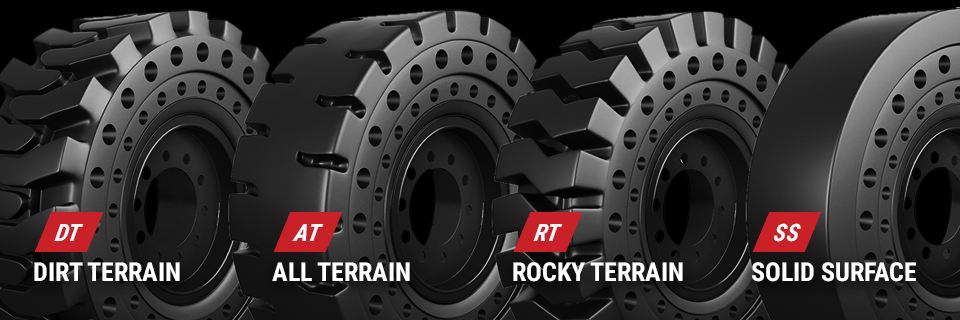 different backhoe tire tread patterns for terrains